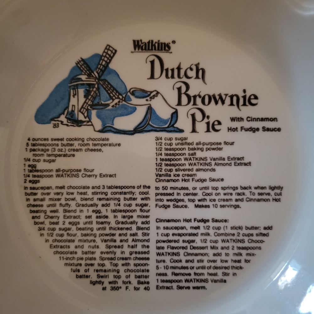 Watkins White Ceramic Dutch Brownie Pie Chocolate Pie Plate Dish Kitchen Baking - Picture 6 of 9
